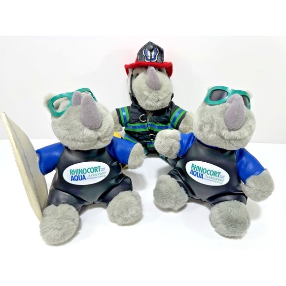 Rhinoceros Stuffed Rhino Plush Rhinocort Aqua Advertising Pharma 9" Lot of 3 - Picture 1 of 15